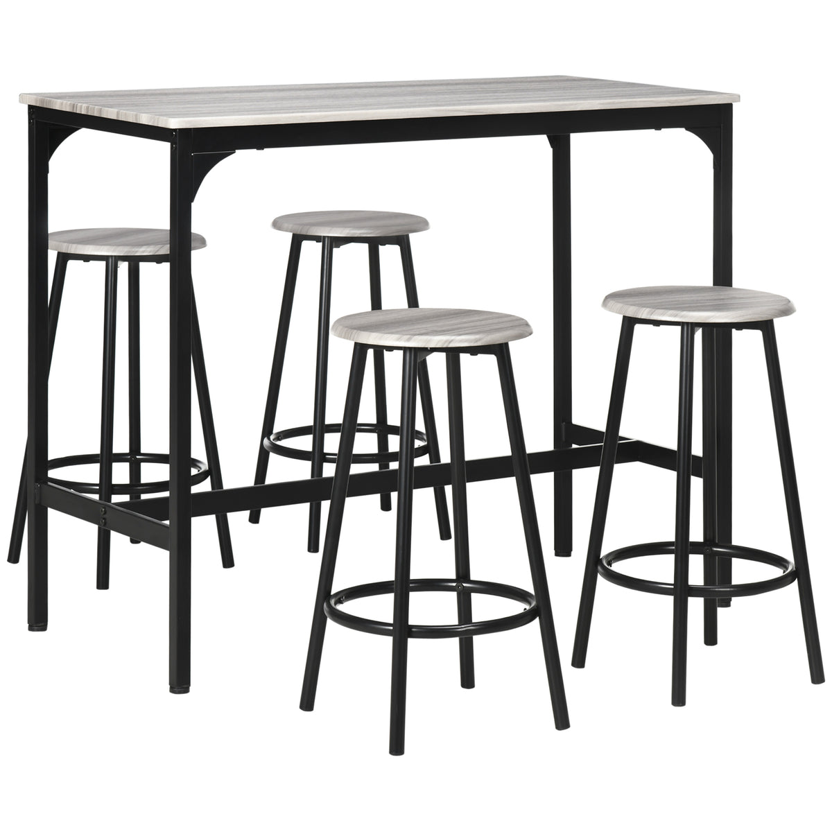 Hochtisch -Set mit vier grauen Industrie -Designhocker