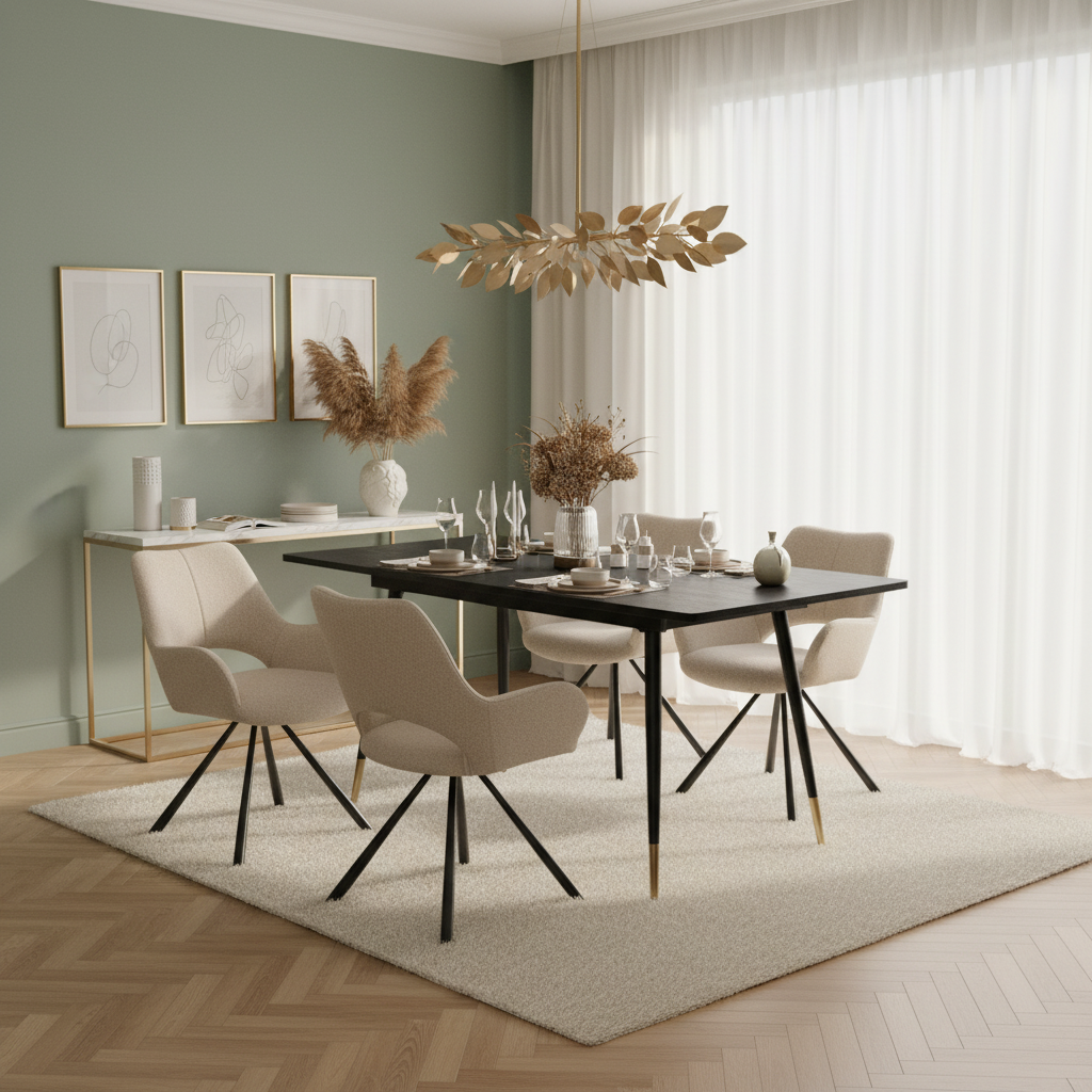 Ensemble de salle à manger comprenant une table extensible et 4 fauteuil en tissu beige