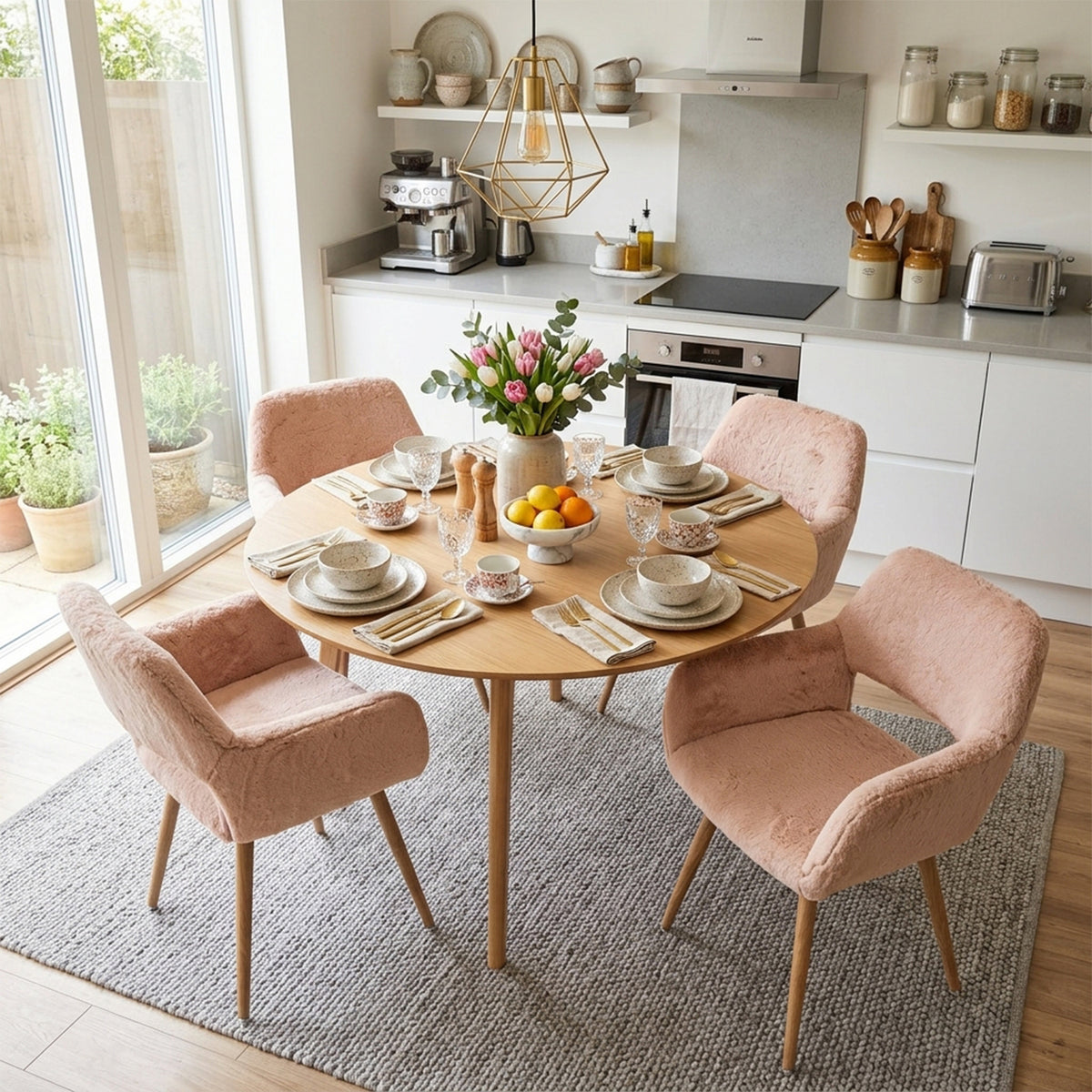 Lot de 4 fauteuils de salle à manger de style scandinave en fausse fourrure camel avec pieds en métal effet bois