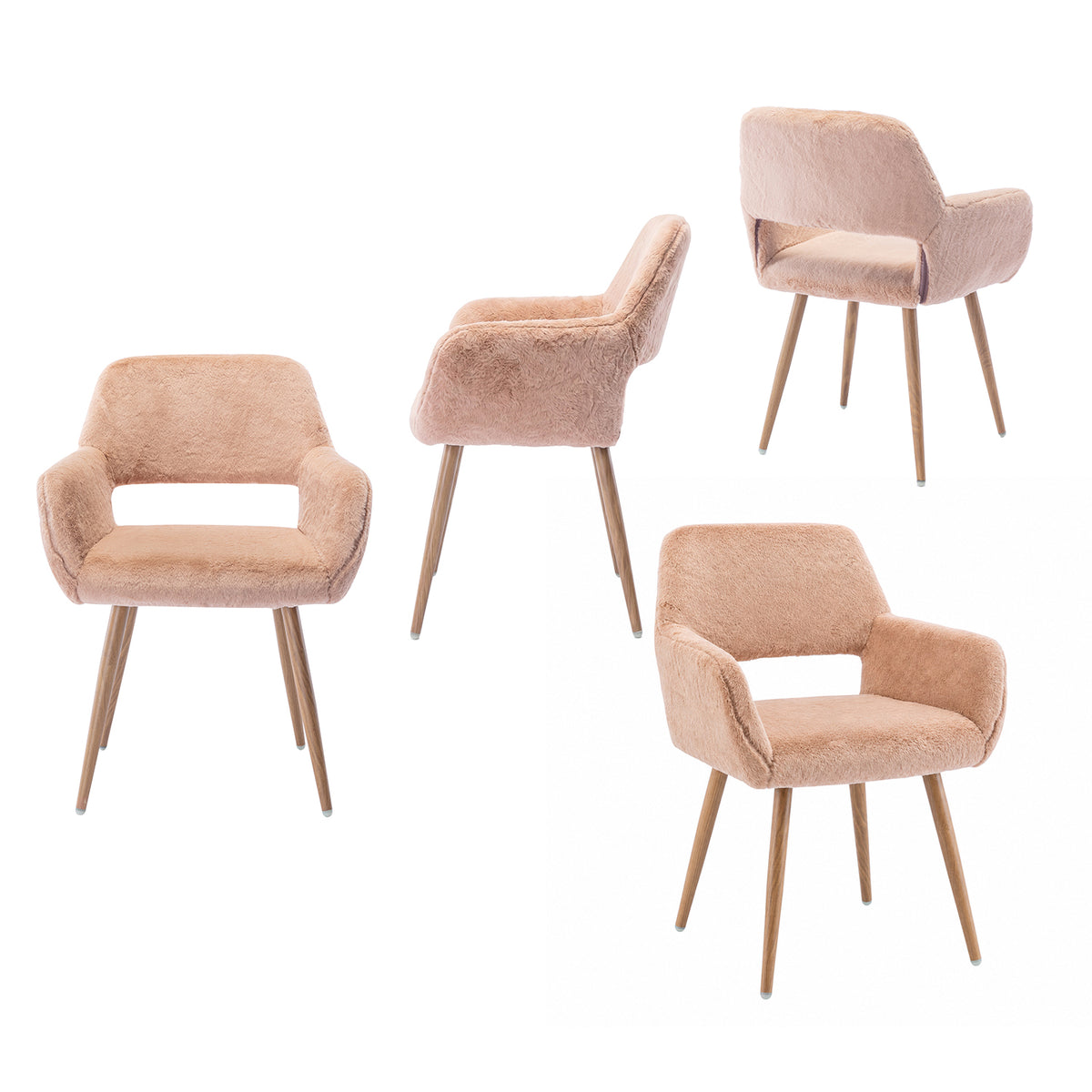 Lot de 4 fauteuils de salle à manger de style scandinave en fausse fourrure camel avec pieds en métal effet bois