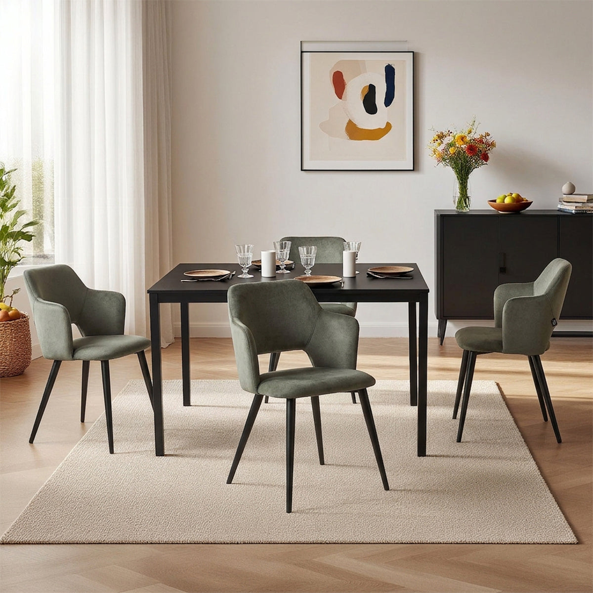 Ensemble table à manger extensible noire et 4 fauteuils en tissu vert de style scandinave