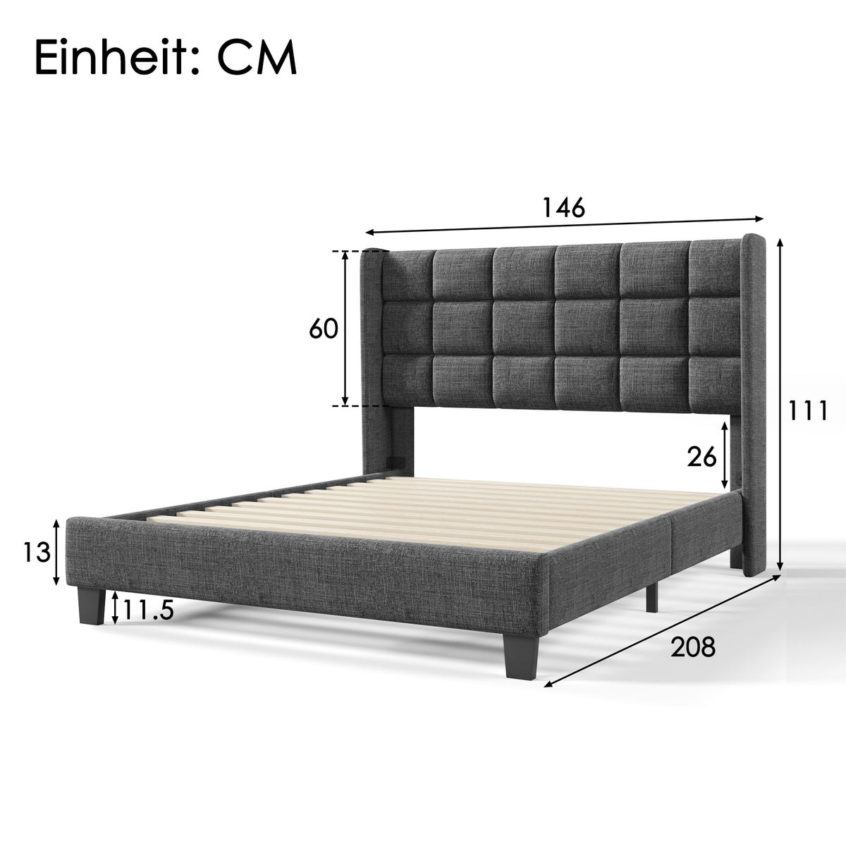 Lit double 140x200 cm en tissu gris avec tête de lit capitonnée et sommier à lattes inclus, design élégant et confortable (matelas non inclus)