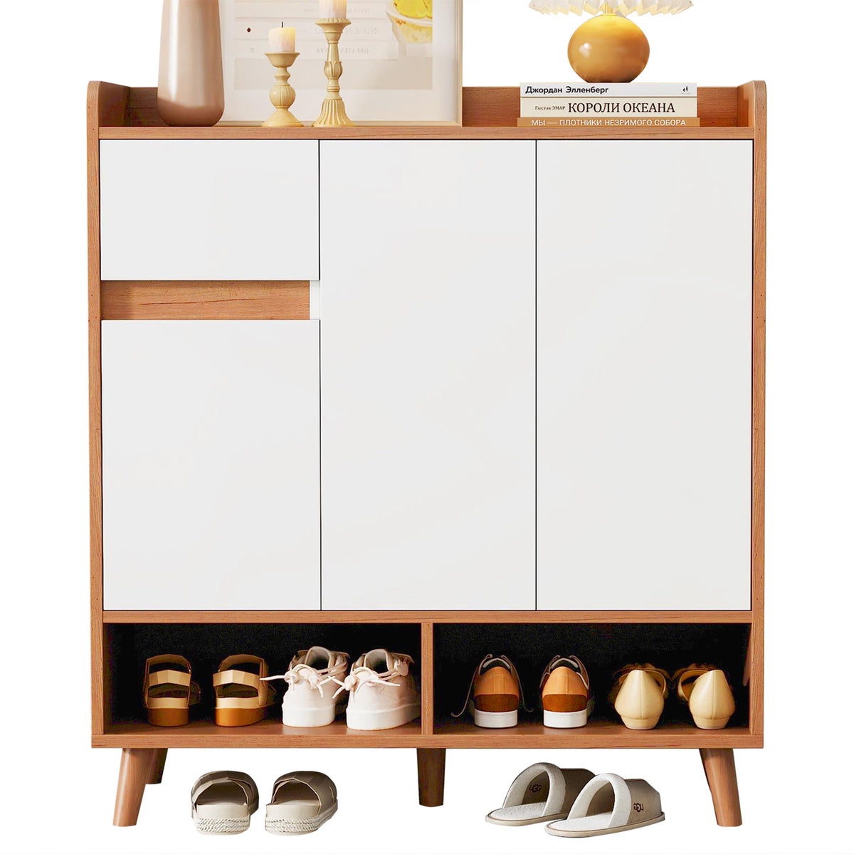 Commode / buffet / meuble à chaussures blanc et bois 90x35x99 cm avec étagères réglables et pieds en bois massif