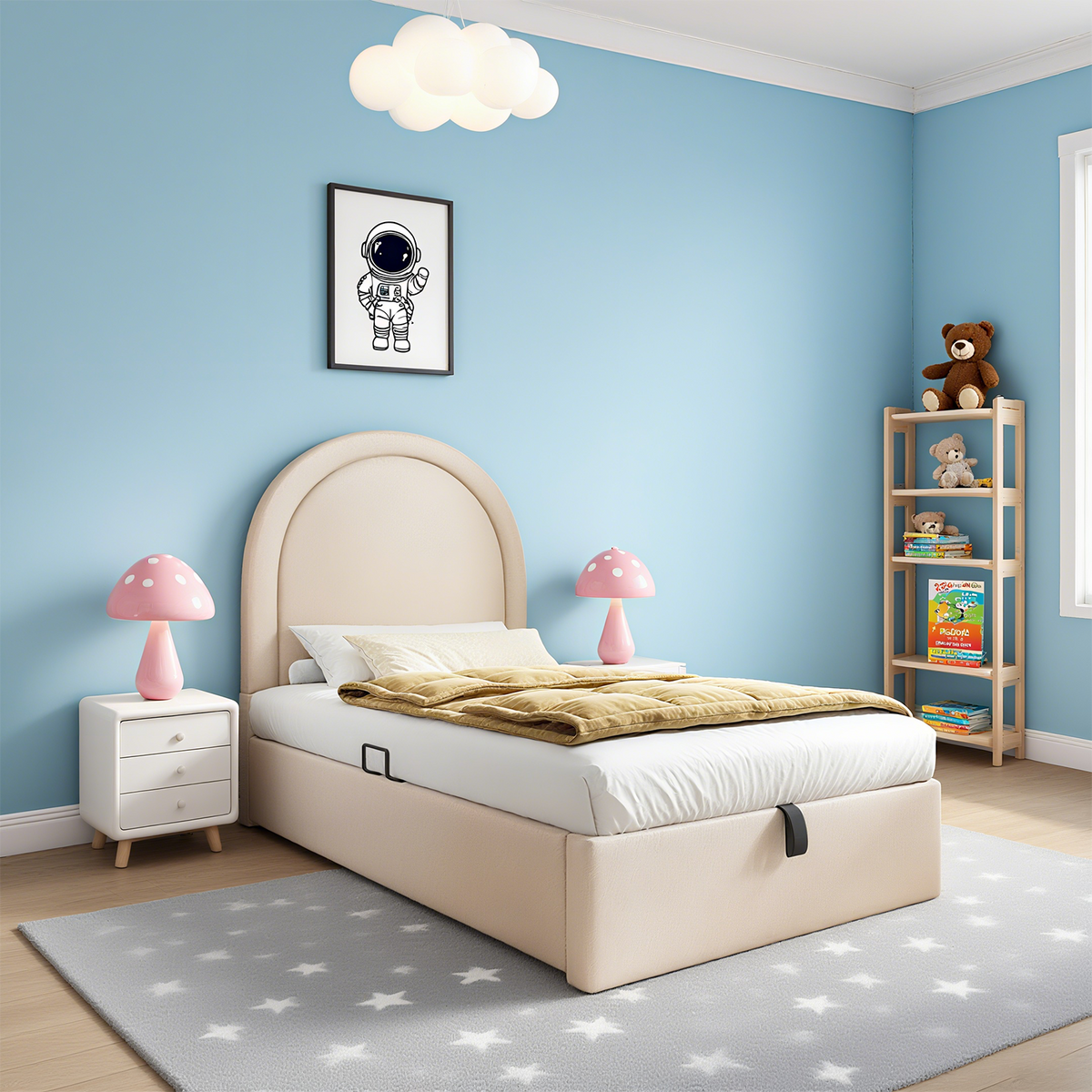 Lit enfant 90×200 cm rembourré (sans matelas) en PU beige avec tête de lit arquée