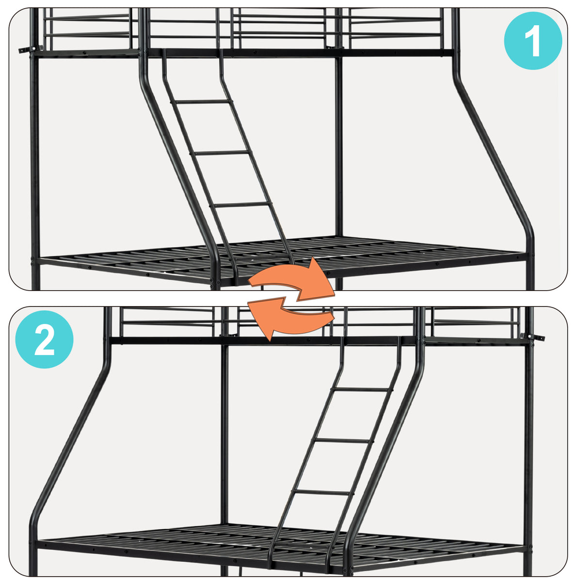 Lit superposé 3 places et 2 étages en métal noir avec échelle 140x190cm et 90x190cm (matelas non inclus) - JAZZ