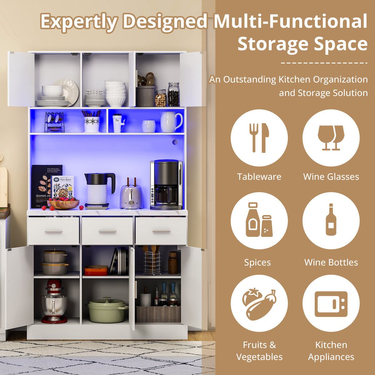 100x40x180 cm Multifunktions -Küchenbuffet in weißem MDF mit Fernbedienungs -LEDs, elektrischen Steckdosen, USB -Anschlüssen, Schubladen und einstellbaren Regalen