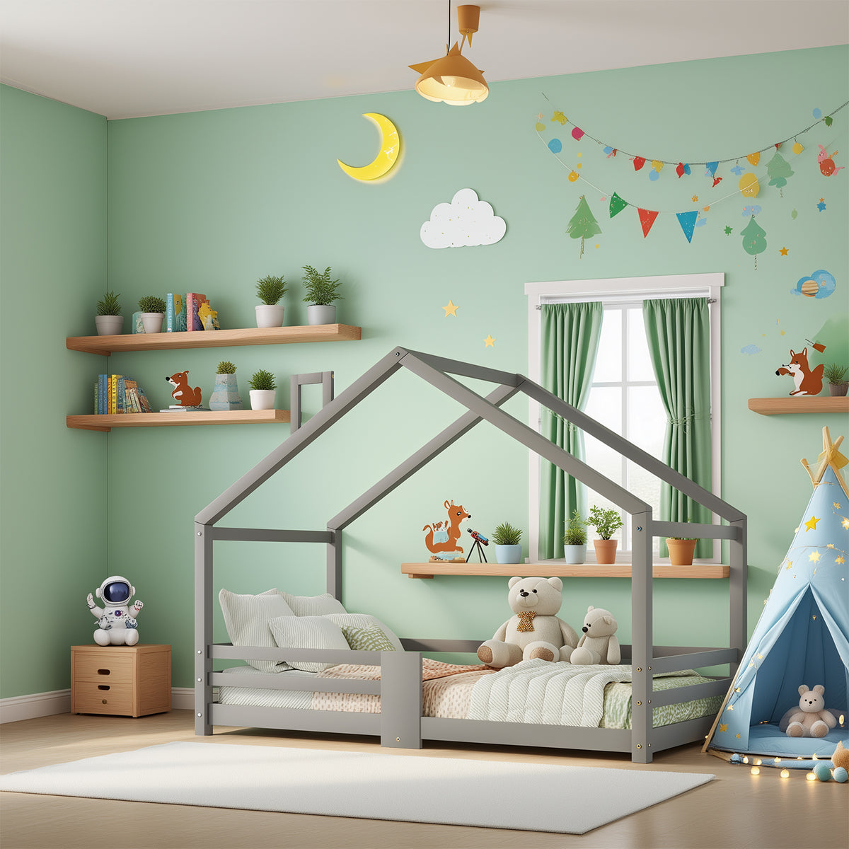 Lit cabane enfant 90x200 cm bois massif gris avec barrière anti-chute et sommier à lattes