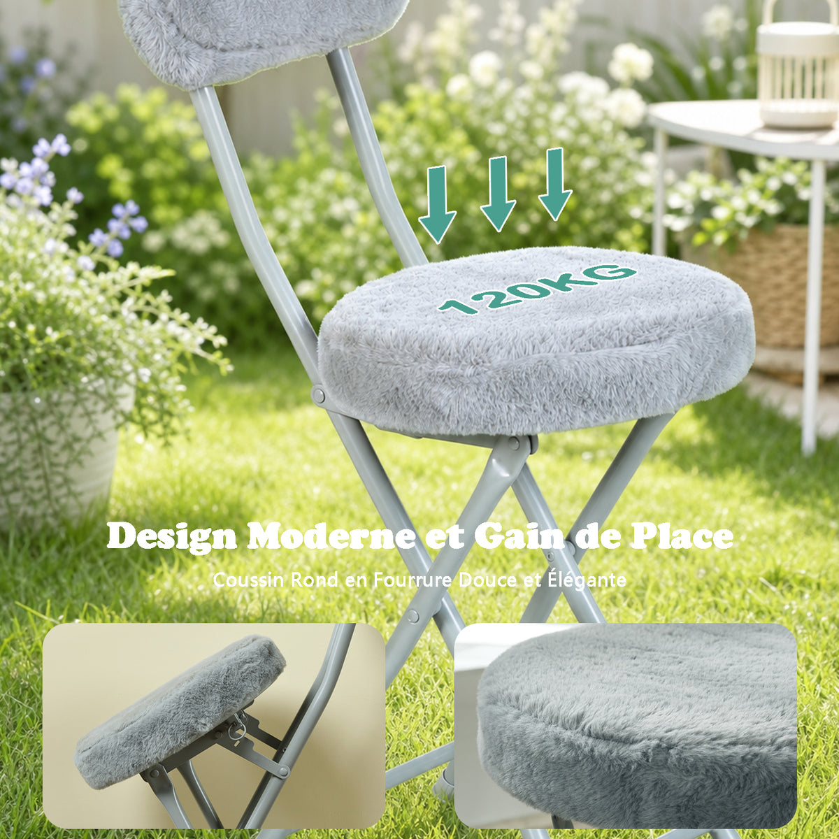 Ensemble de salle à manger de style scandinave comprenant une table ronde blanche et quatre chaises pliantes grises