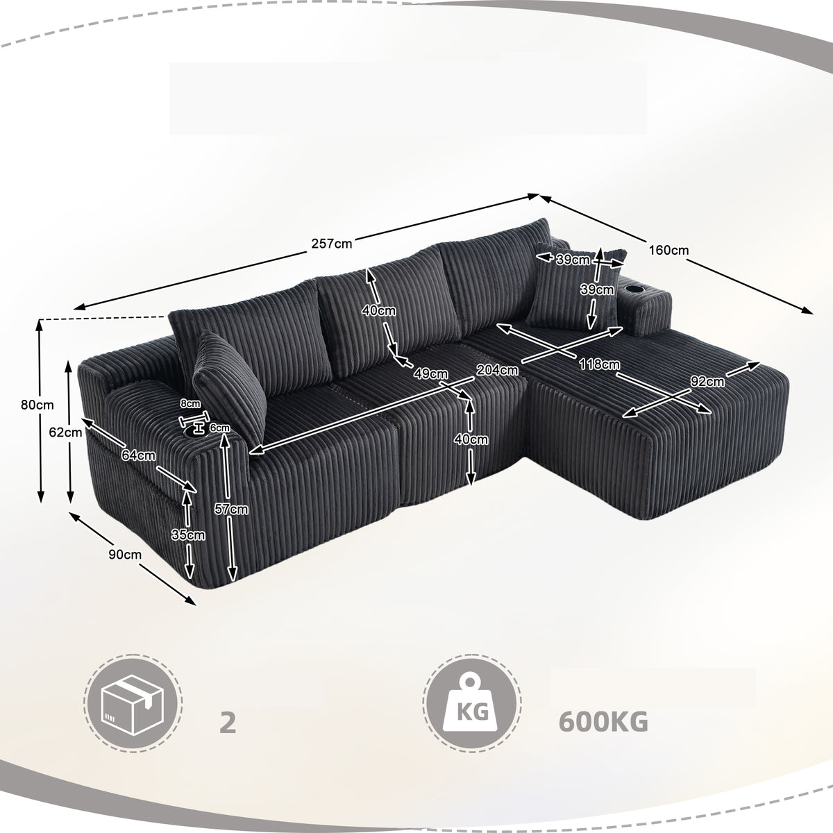 Ensemble canapé avec coussins, poches latérales et porte-gobelets en velours côtelé doux pour salon, gris