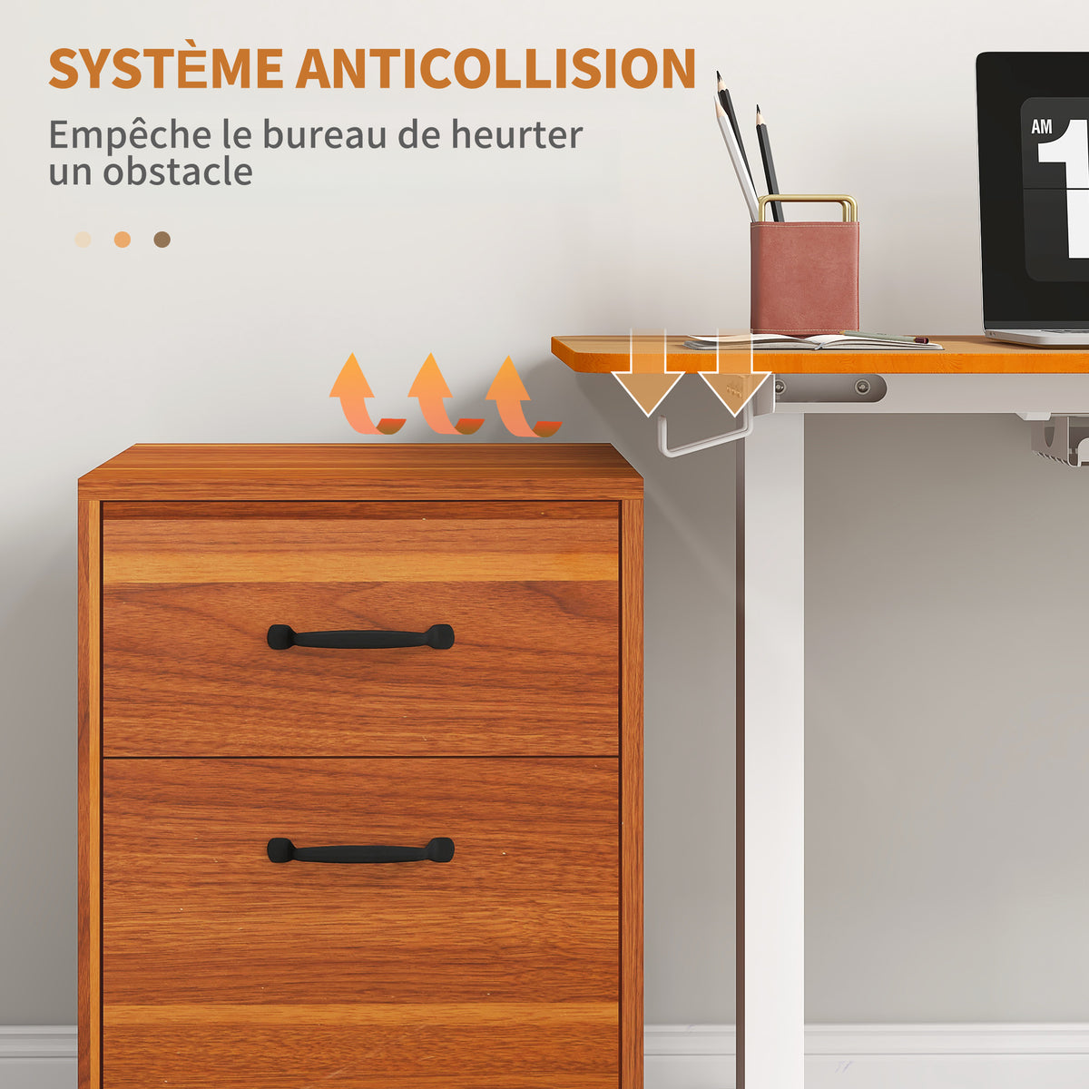 Table de bureau électrique réglable en hauteur 120x60x72-116 cm Stehtisch avec anti-collision, boîte à câbles et crochets, finition bois naturel