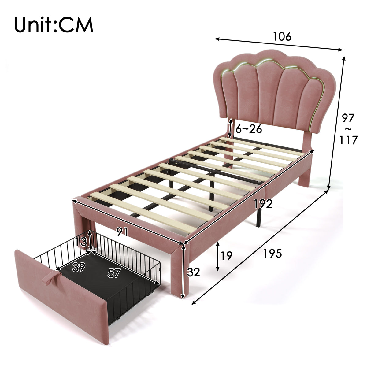 Verpacktes Kinderbett 90 × 190 cm mit LEDs und Schubladen, rosa Samt (ohne Matratzen)