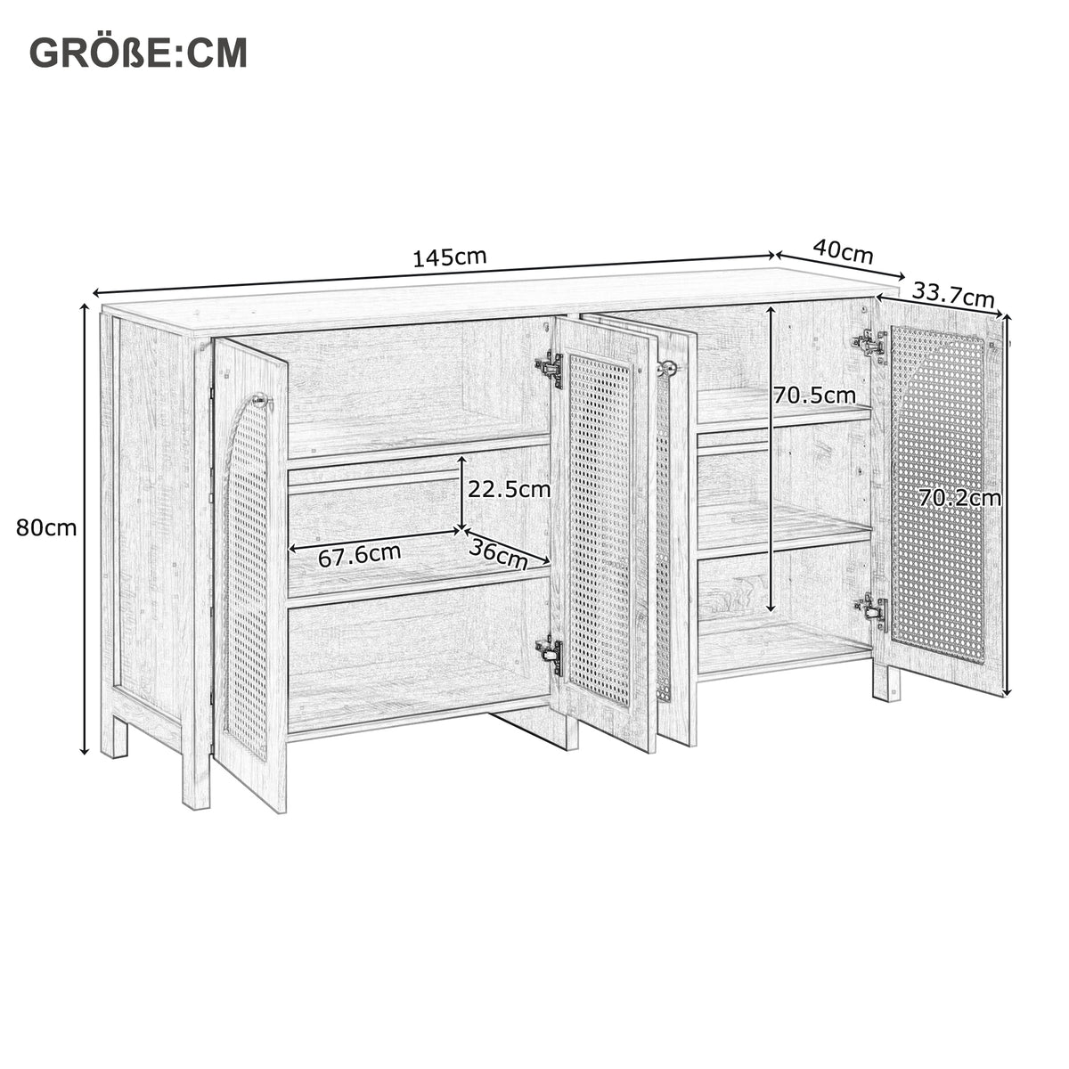 Buffet moderne blanc en MDF avec 4 portes en rotin PE et poignées en métal