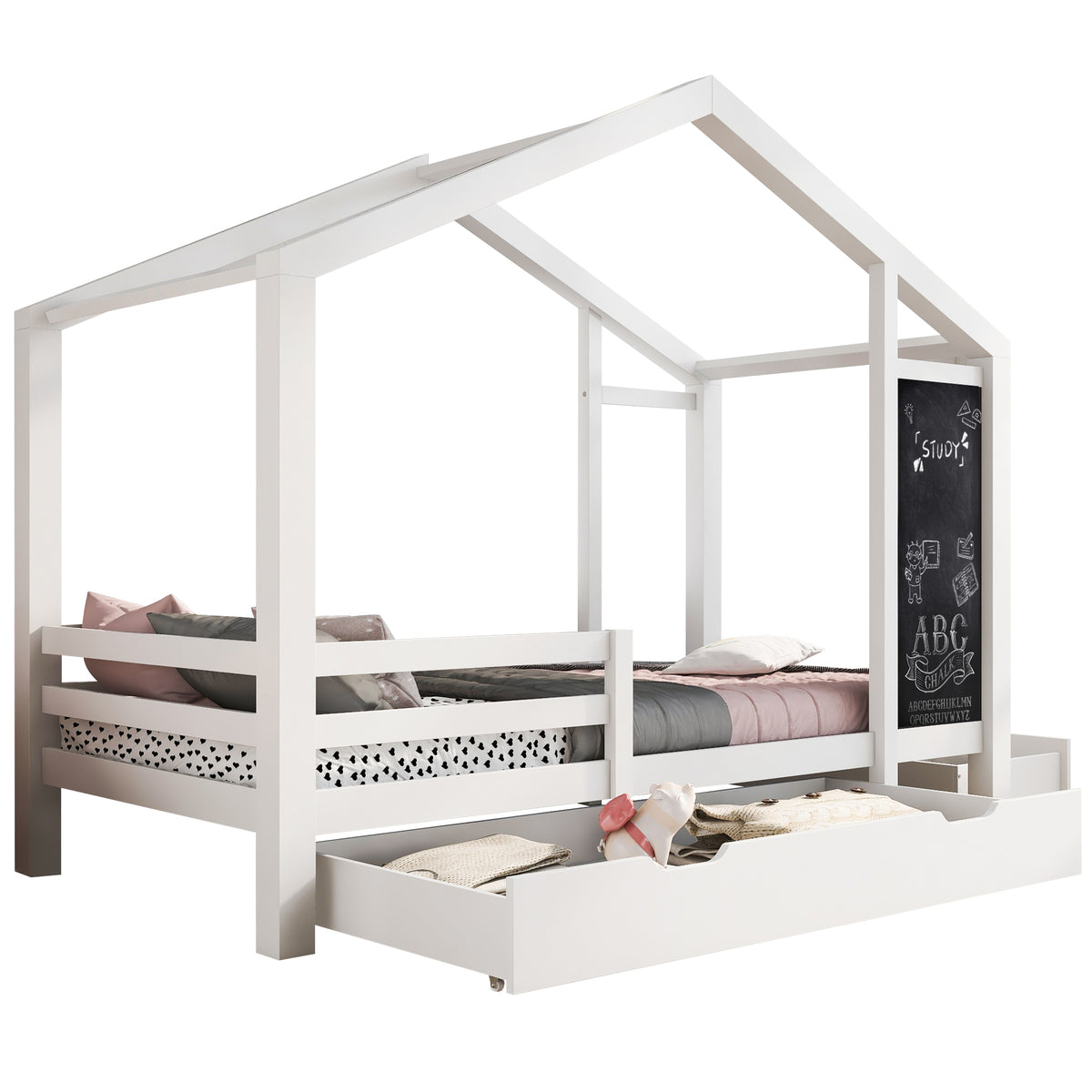 Lit cabane enfant 90×200 cm en bois massif blanc avec tableau, 2 tiroirs, sommier à lattes et barrières de sécurité (sans matelas)