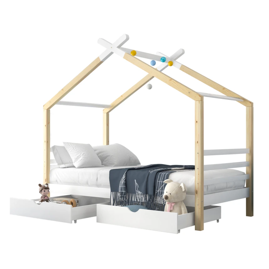 Children's cabin 90x200 cm white and solid wood wood with slatted base and 2 storage drawers (without mattresses)