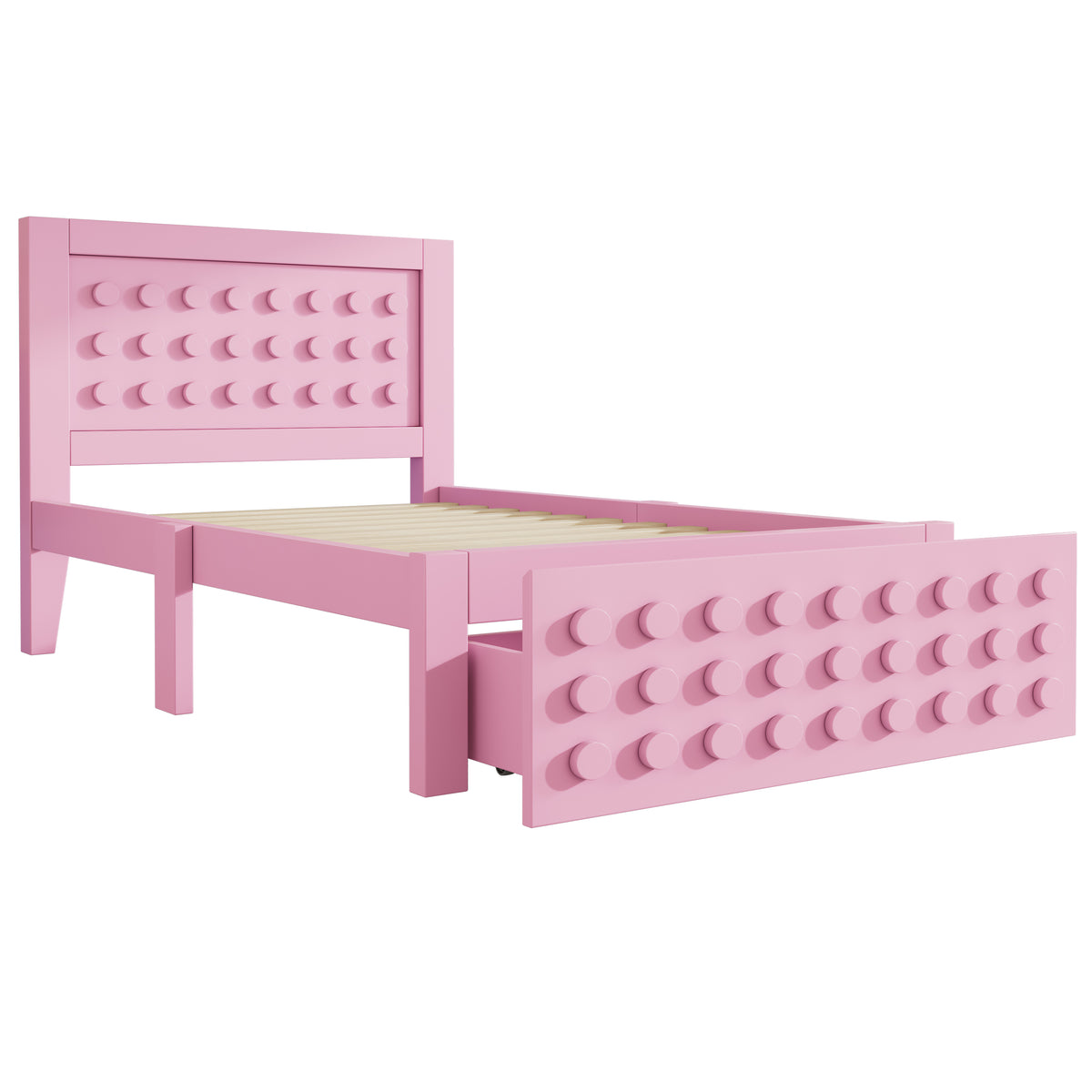 Pink child bed 90x190 cm with storage drawer and creative design in blocks, solid wood frame