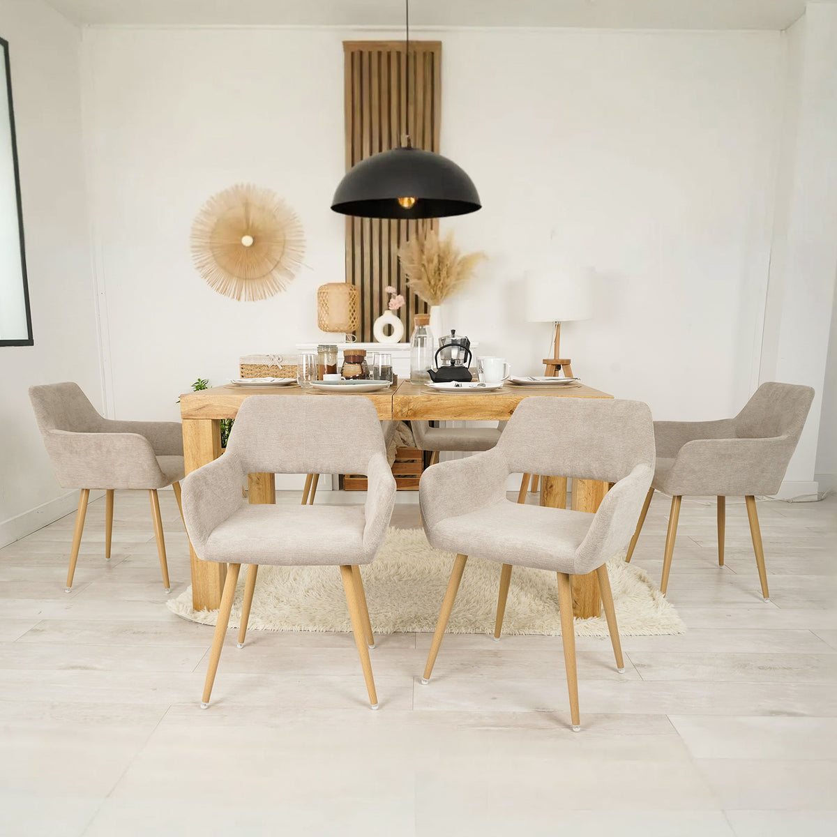 Lot de 6 fauteuils de salle à manger scandinaves avec accoudoirs en tissu beige - CROMWELL