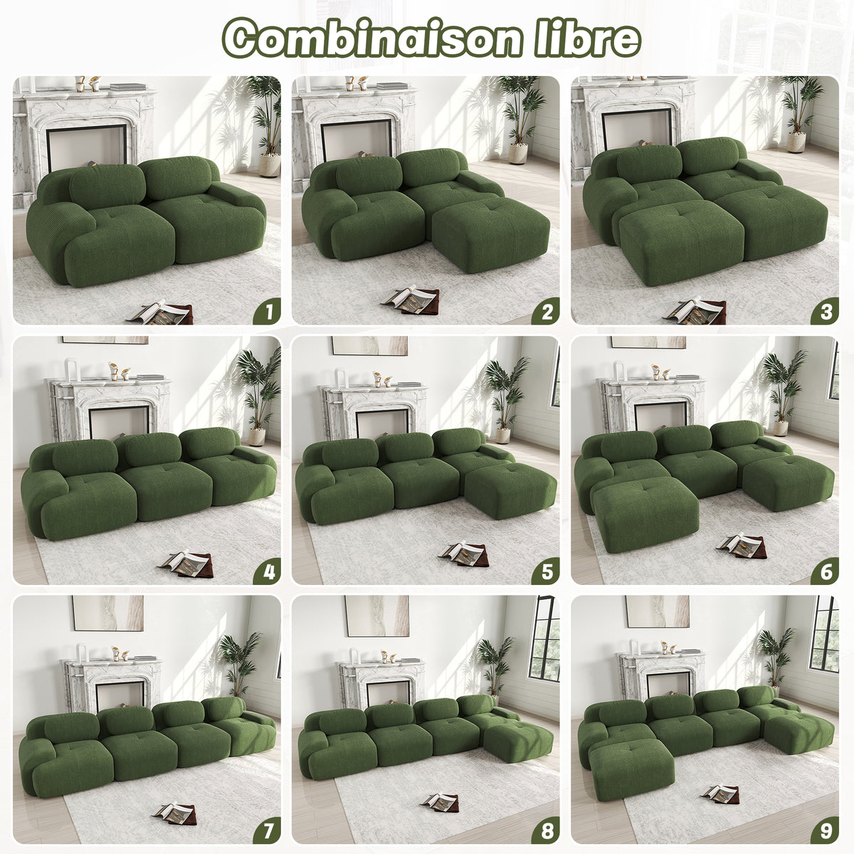 Ensemble de canapés avec accoudoirs incurvés et base antidérapante en tissu velours côtelé doux pour le salon, vert, siège 2 + tabouret 2
