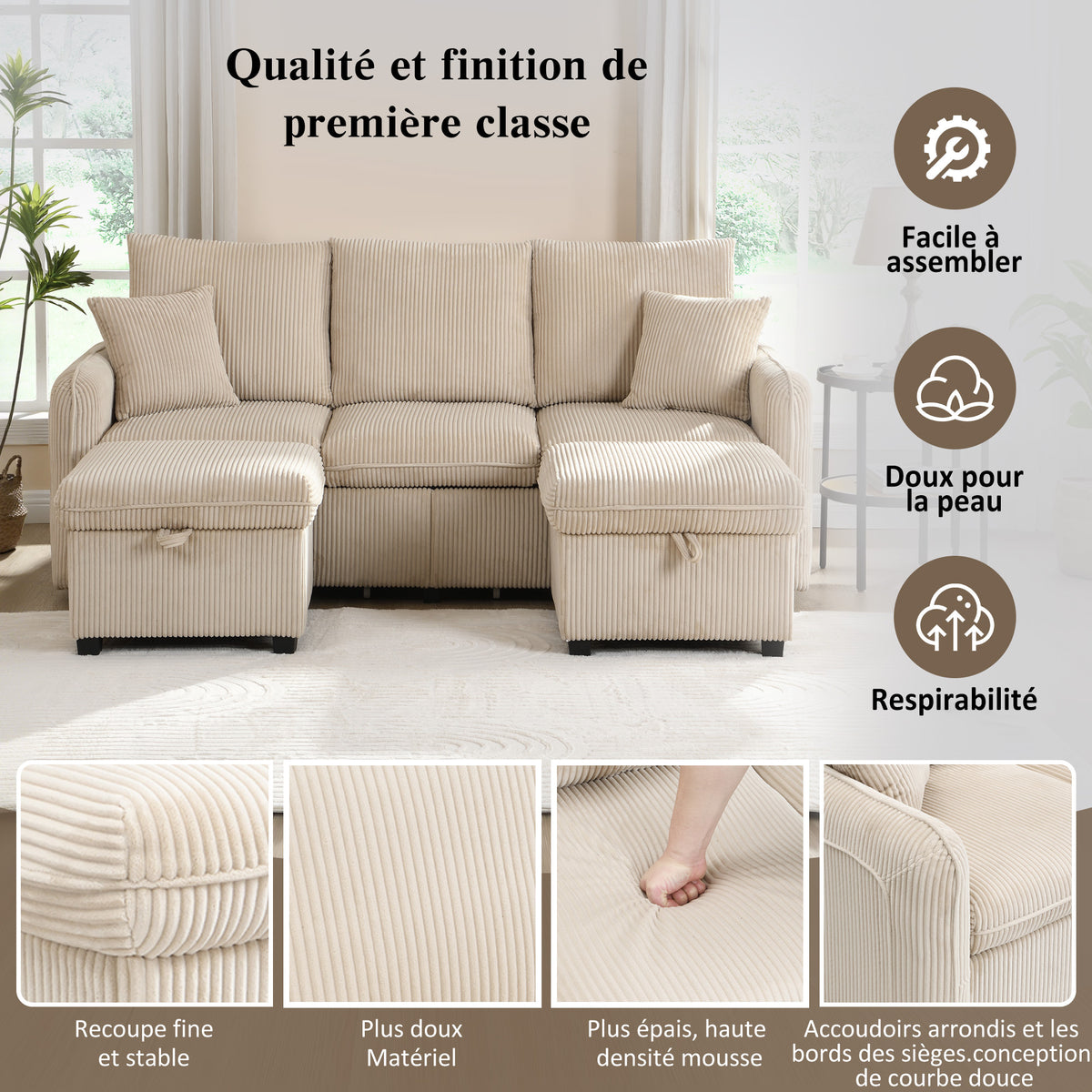 Canapé d'angle beige en forme de U 3 places avec rangement, canapé modulaire multifonction en velours côtelé