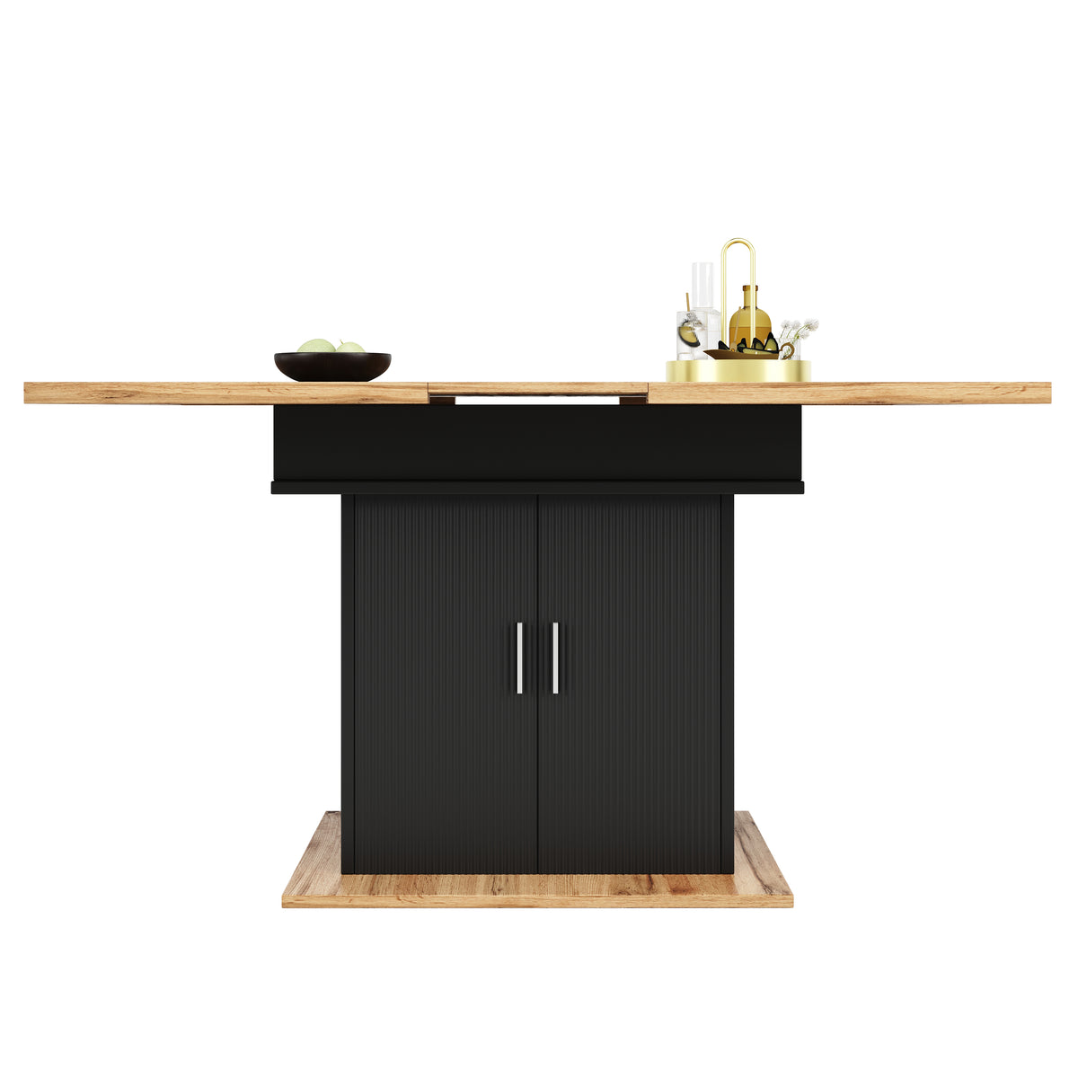 Table à manger télescopique extensible naturel-noir avec 3 niveaux de rangement