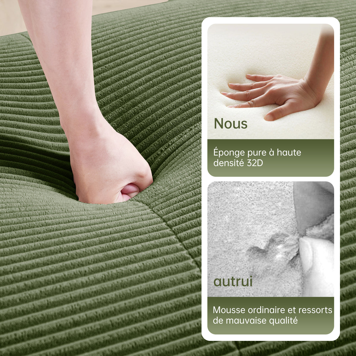 Ensemble de canapés avec accoudoirs incurvés et base antidérapante en tissu velours côtelé doux pour le salon, vert, siège 4