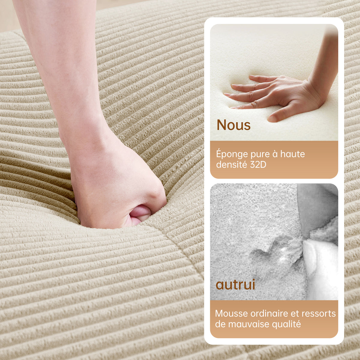 Ensemble de canapés avec accoudoirs incurvés et base antidérapante en tissu velours côtelé doux pour le salon, beige,siège 2
