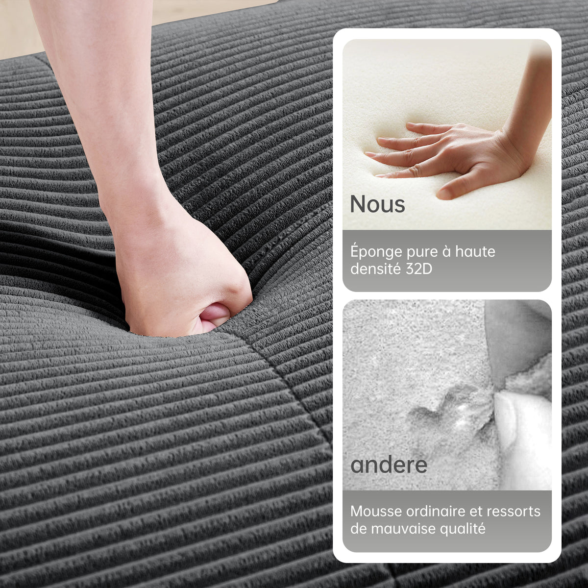 Ensemble de canapés avec accoudoirs incurvés et base antidérapante en tissu velours côtelé doux pour le salon, gris, siège 3