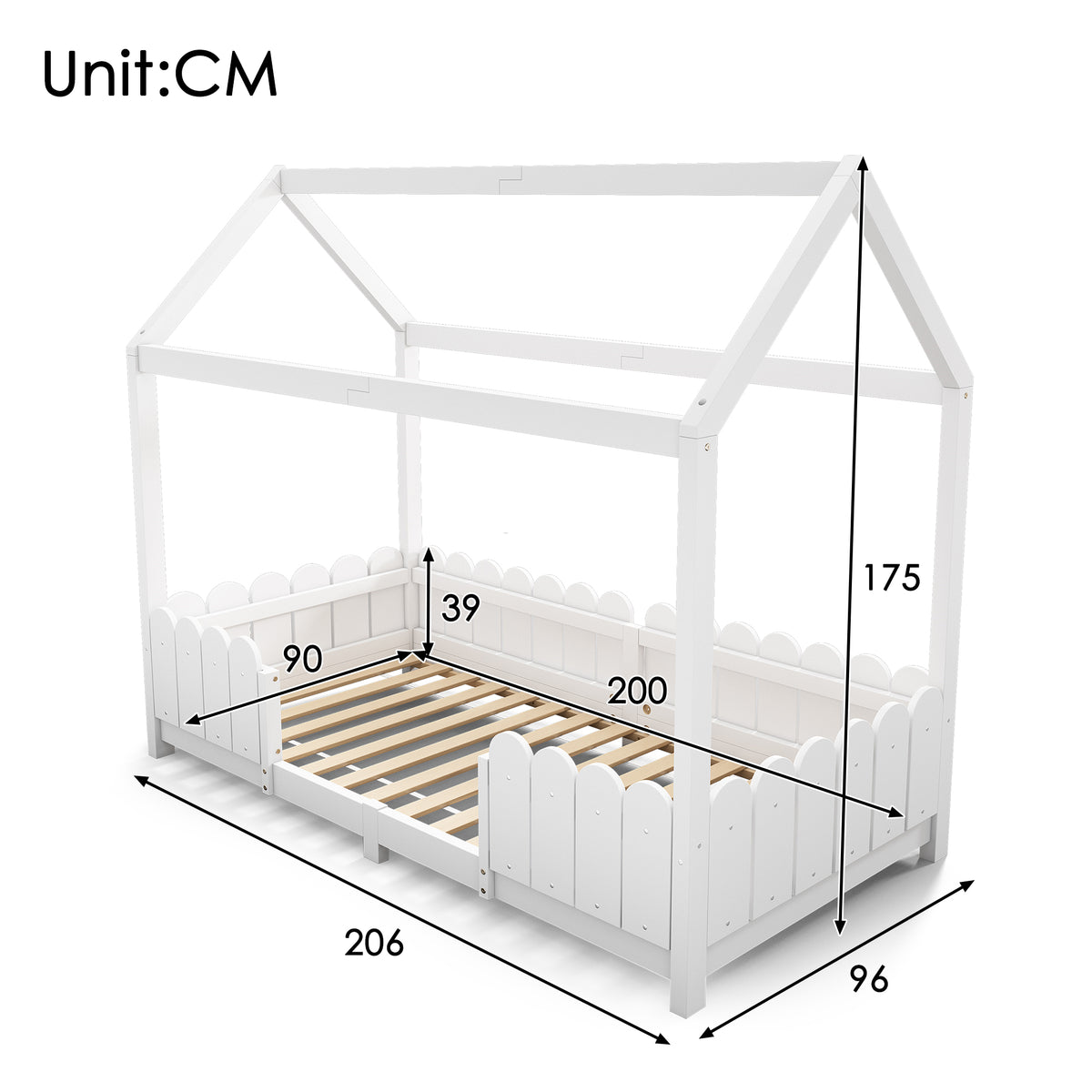 Children's cabin 90x200 cm white in solid wood with safety barriers and slatted box spring (without mattresses)