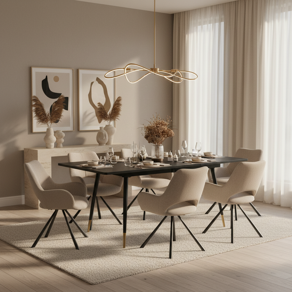 Round Table Table Table Table Timber Ø80 cm with 4 black velvet chairs, modern and comfortable style