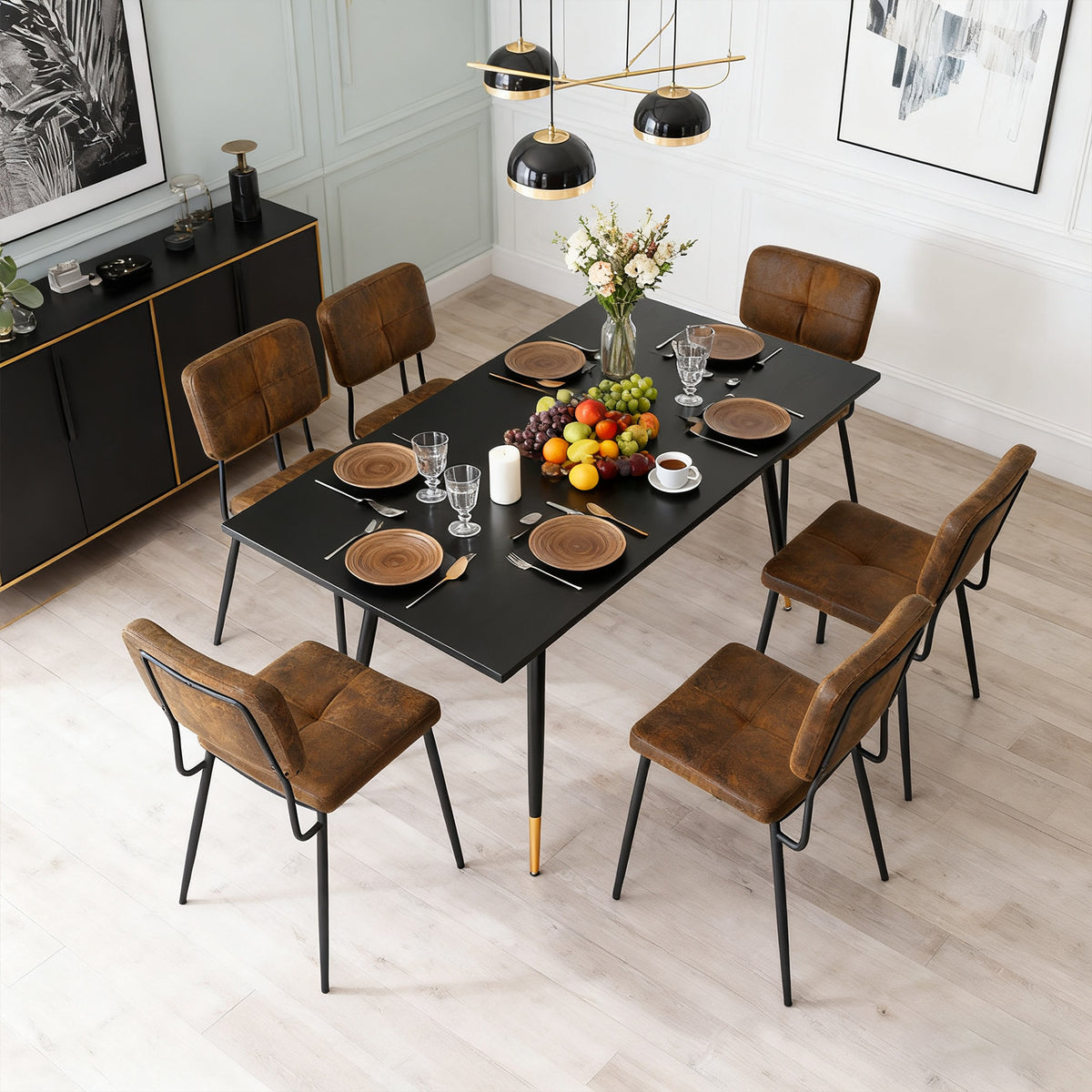 Ensemble de salle à manger comprenant une table extensible et 6 chaises de salle à manger industrielles en suédine