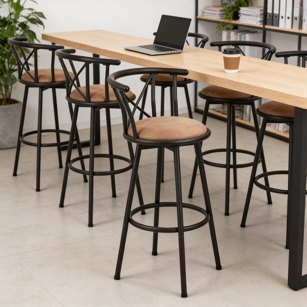 Lot de 6 tabourets de bar industriels pivotants avec dossier en tissu marron - HAILEY 29