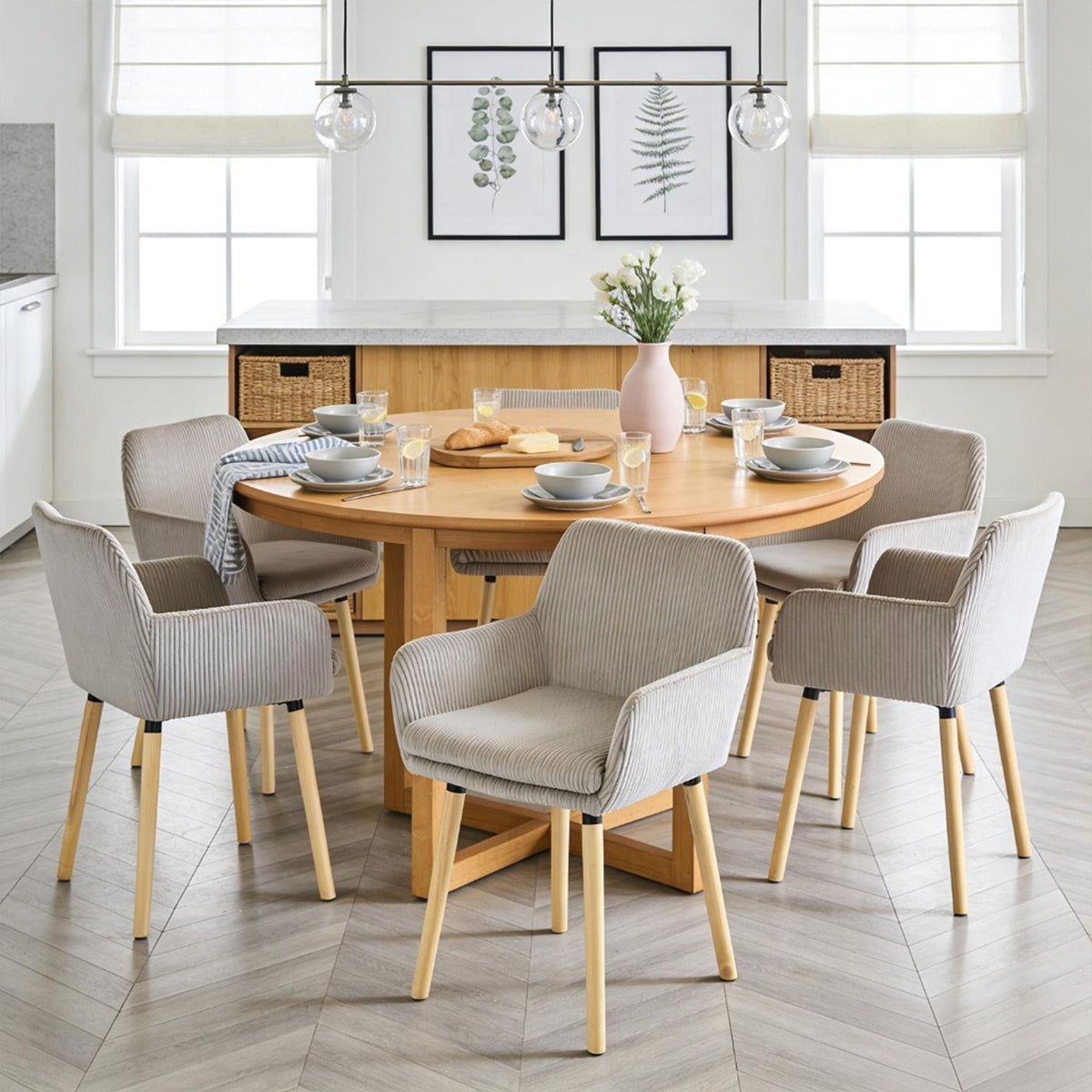 Lot de 6 chaises de salle à manger de style scandinave avec pieds en bois et accoudoirs en velours côtelé gris - ELIA