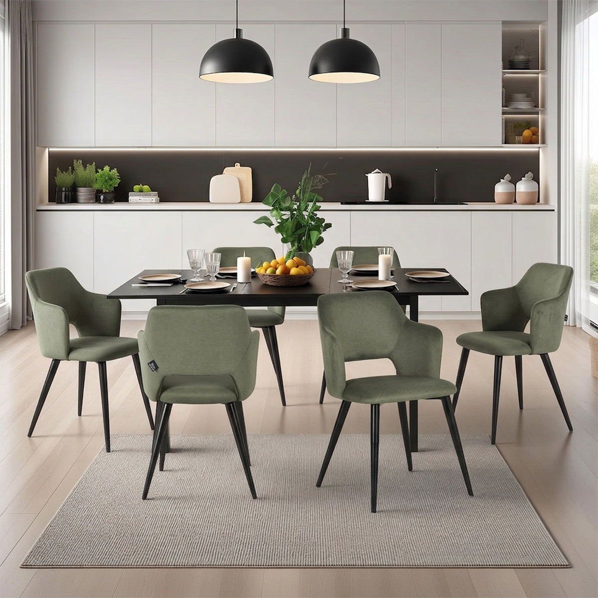 Ensemble table à manger extensible noire et 6 fauteuils en tissu vert de style scandinave