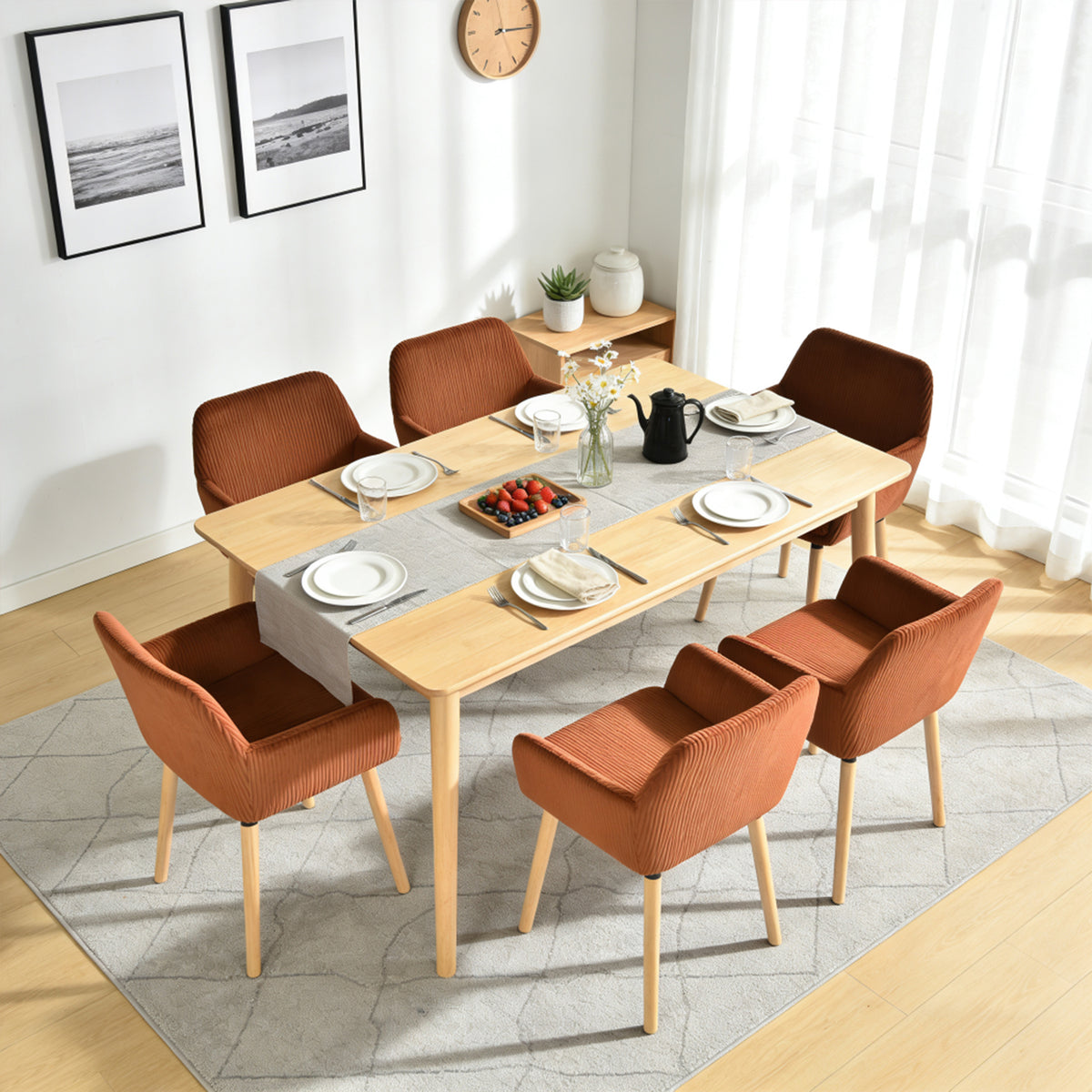 Lot de 6 chaises de salle à manger de style scandinave avec pieds en bois et accoudoirs en velours côtelé rouge - ELIA