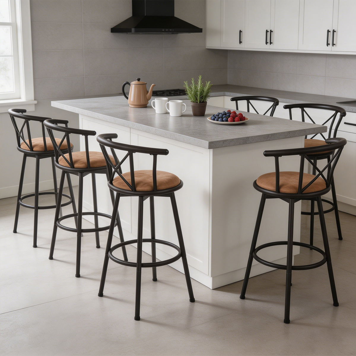 Lot de 6 tabourets de bar industriels pivotants avec dossier en tissu marron - HAILEY 29