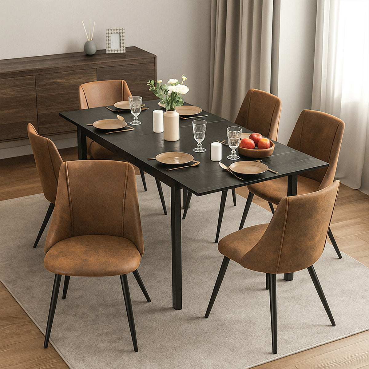 Ensemble table à manger extensible noire avec 6 fauteuils en suédine, style scandinave