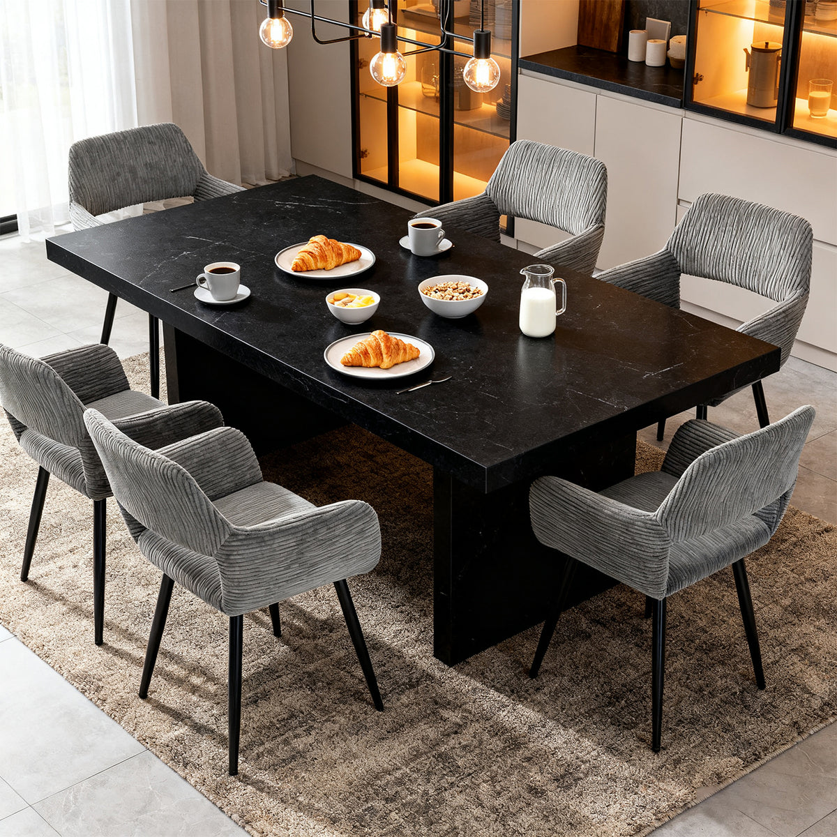 Set of 6 Scandinavian dining room armchairs with gray velvet armrests - Cromwell Corduroy