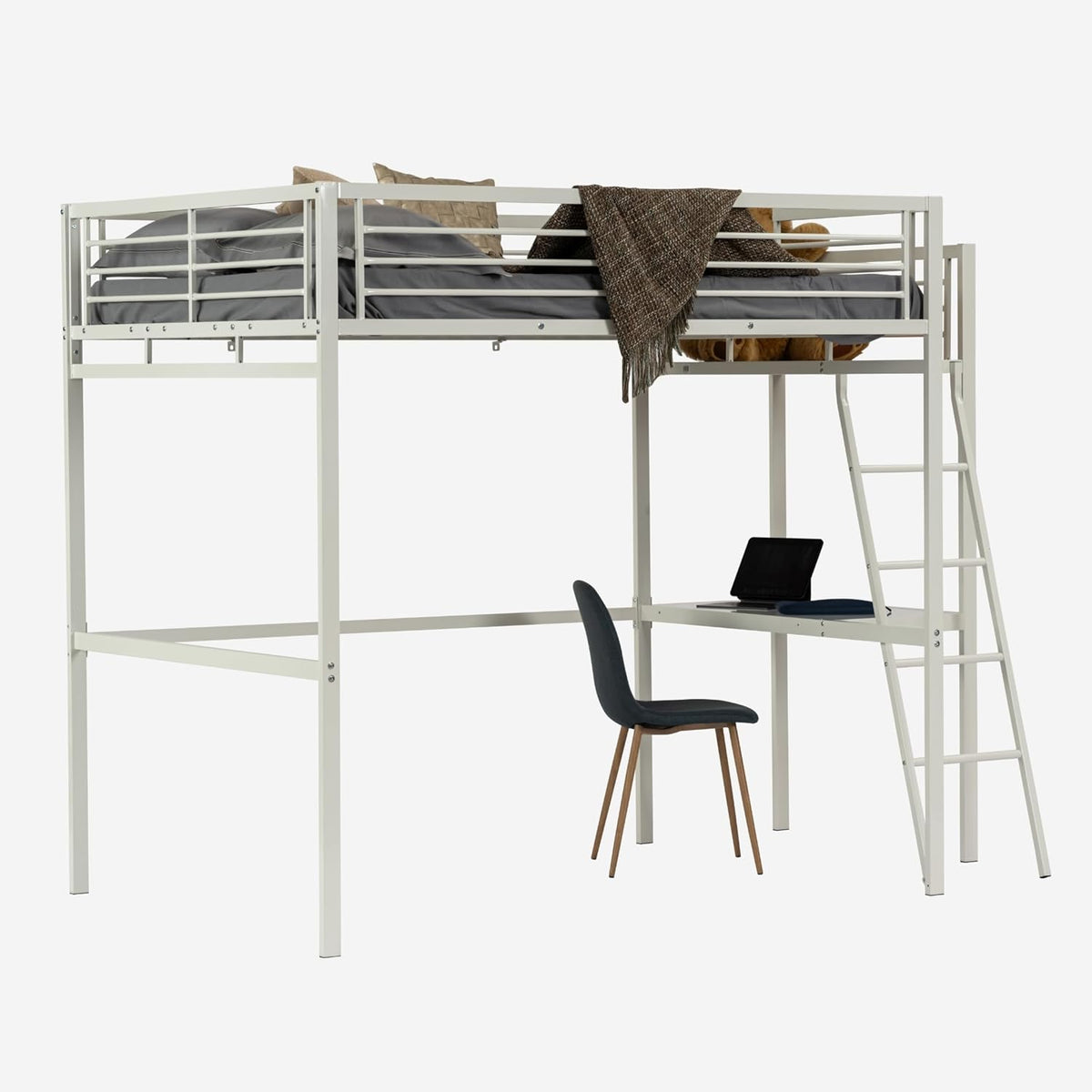 Mezzanine bed 2 places in white metal with integrated desk, sleeping of 140x190cm (mattress not included) - Lionel