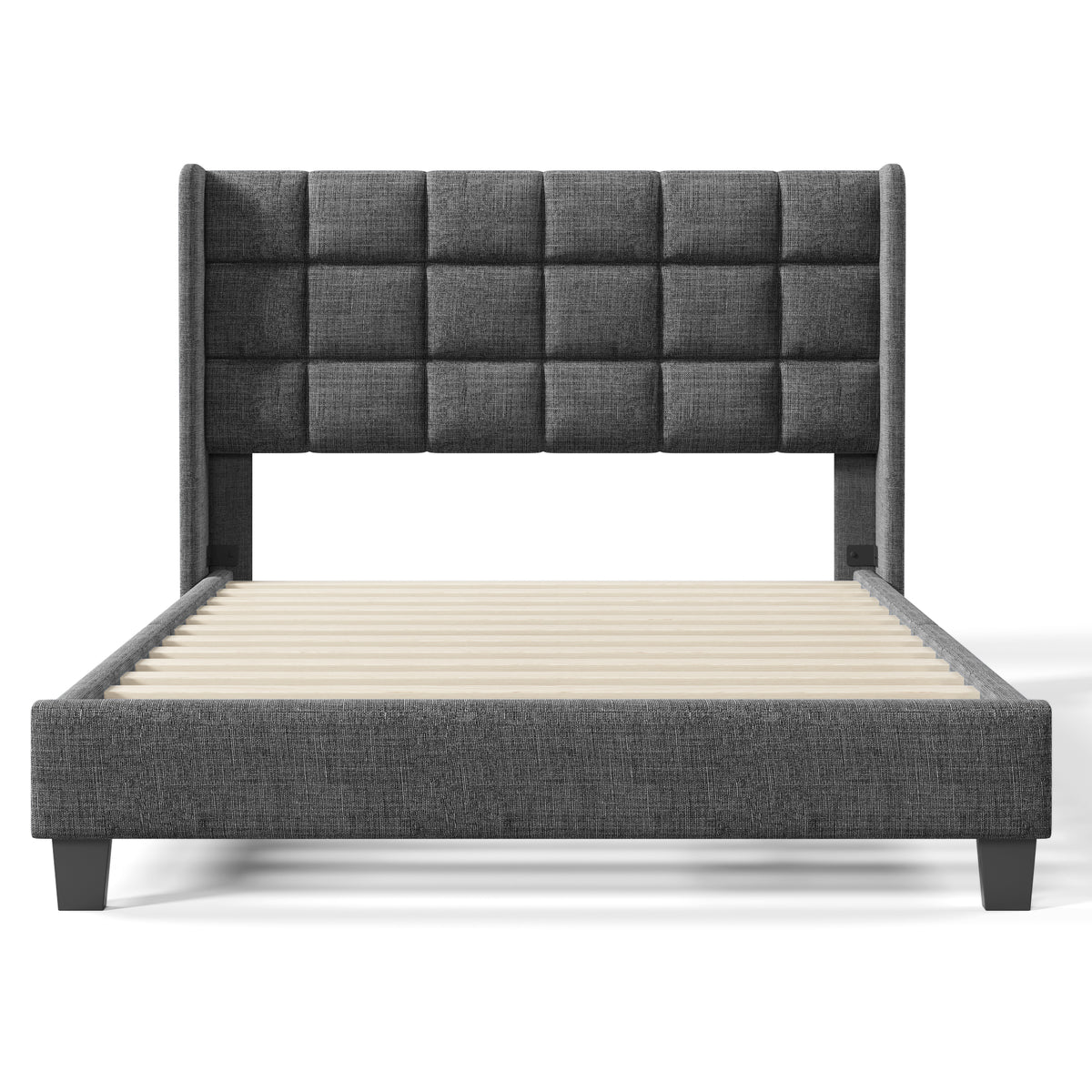 Lit double 140x200 cm en tissu gris avec tête de lit capitonnée et sommier à lattes inclus, design élégant et confortable (matelas non inclus)