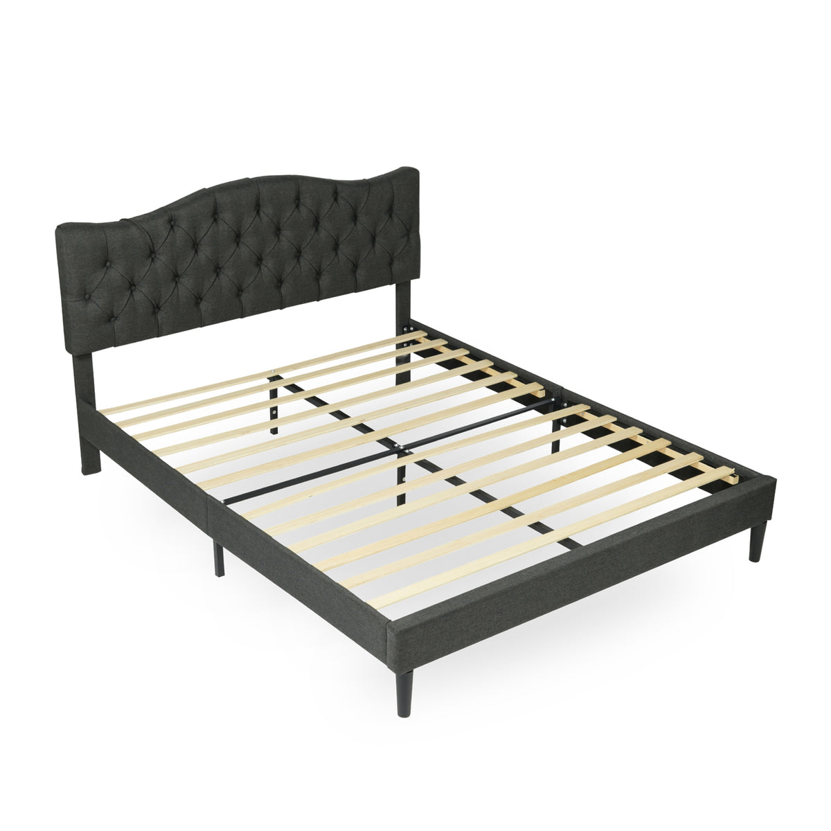 Lit double (140 x 190cm) avec tête de lit capitonnée en tissu gris (matelas non inclus) - LEON