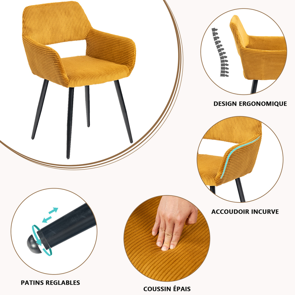 Set of 6 Scandinavian dining room armchairs with Safran yellow velvet armrests - Cromwell Corduroy