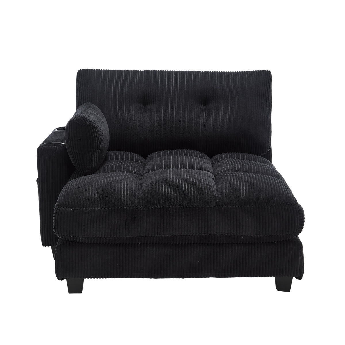 Canapé lounge moderne en velours côtelé avec porte-gobelets et poche latérale, noir