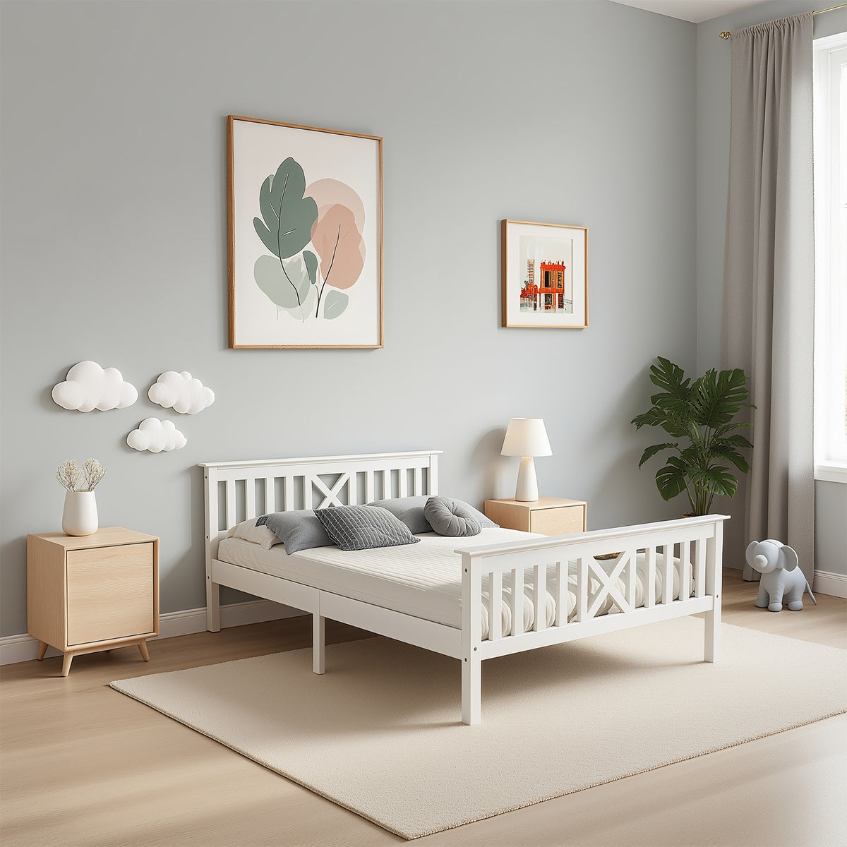 Lit double 140x200 cm blanc en bois massif de pin avec sommier à lattes et tête de lit (sans matelas)