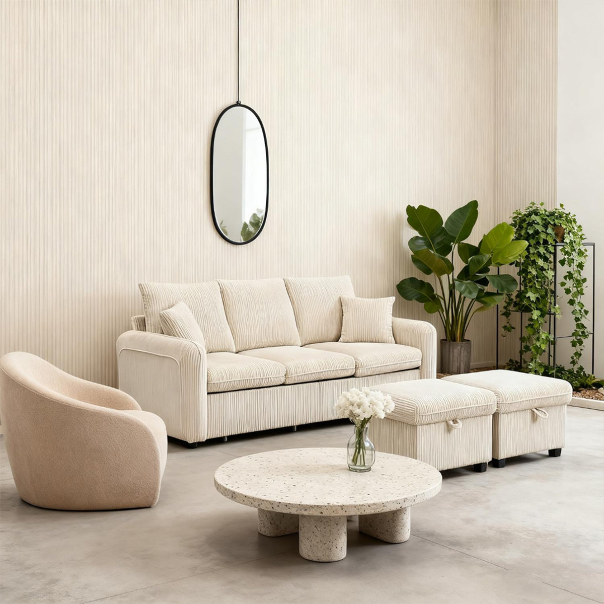 Canapé d'angle beige en forme de U 3 places avec rangement, canapé modulaire multifonction en velours côtelé