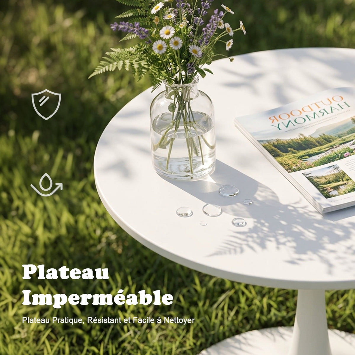 Ensemble de salle à manger de style scandinave comprenant une table ronde blanche et quatre chaises pliantes grises