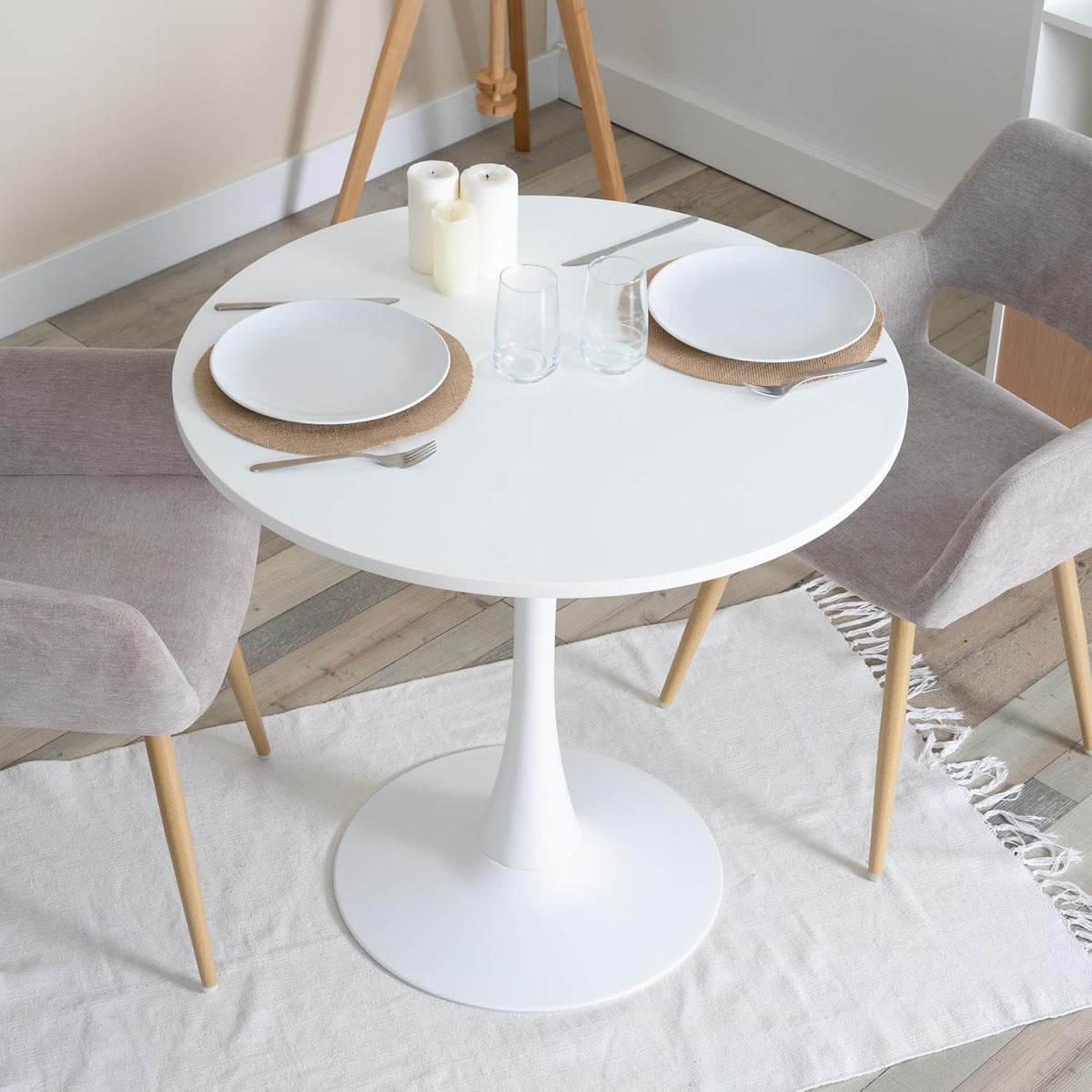 Table salle à manger ronde scandinave 2-4 personnes en bois et métal blanc - CLIFT