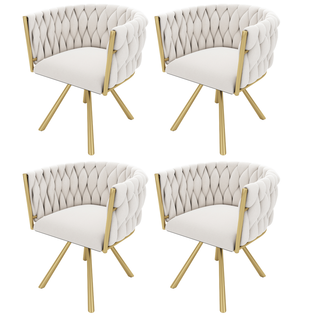Lot de 4 chaises pivotantes de salle à manger en velours beige avec pieds en métal doré