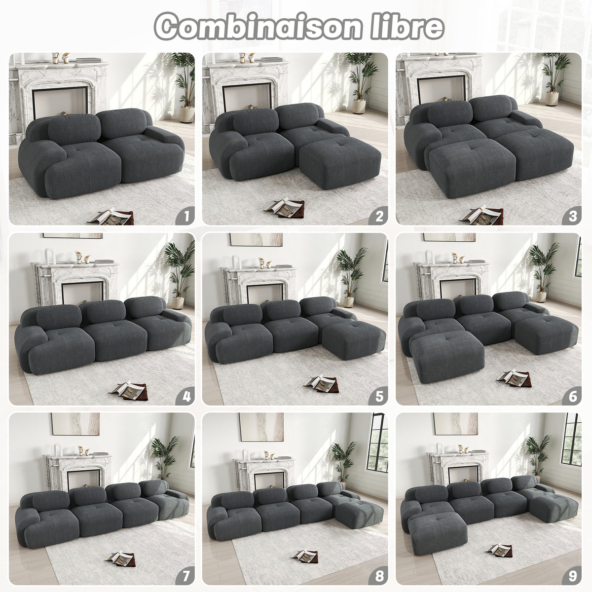 Ensemble de canapés avec accoudoirs incurvés et base antidérapante en tissu velours côtelé doux pour le salon, gris, siège 3