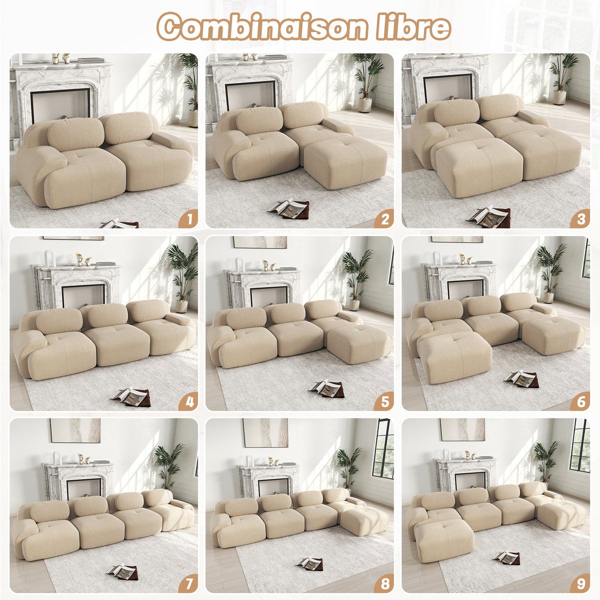 Ensemble de canapés avec accoudoirs incurvés et base antidérapante en tissu velours côtelé doux pour le salon, beige,siège2+tabouret1