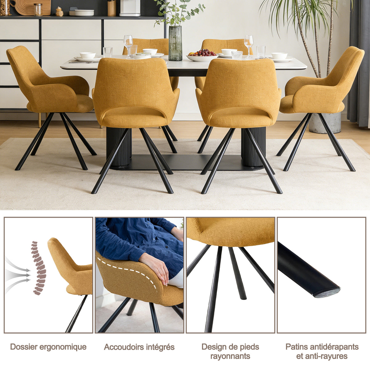 Ensemble de salle à manger comprenant une table extensible et 6 fauteuil en tissu jaune