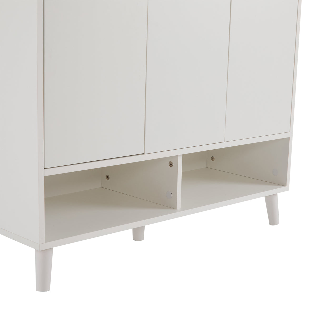 Meuble à chaussures blanc avec étagères réglables, commode minimaliste pour l'entrée, avec pieds en bois massif